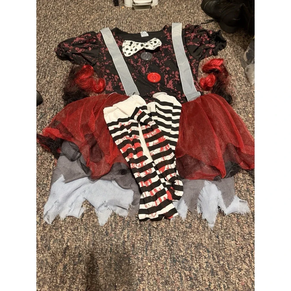 Spirit Halloween Adult Horror Clown Costume W/2 Matching Hair Clips &Tights  M-L